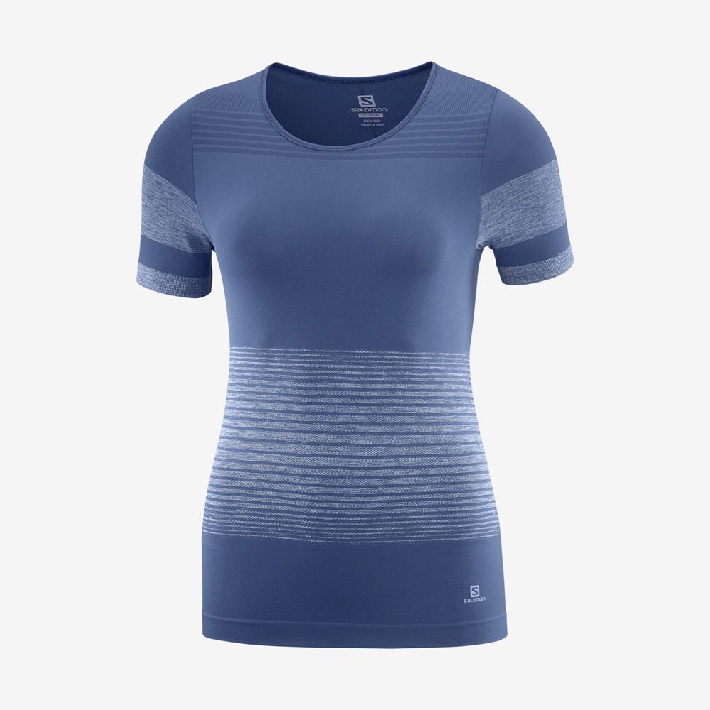 SALOMON ESSENTIAL MOVE ON SEAMLESS Philippines - Women's Tee Shirts - Dark Denim | 841239-RQA